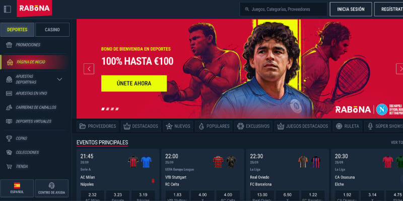 Captura de pantalla de la página de deportes de Rabona