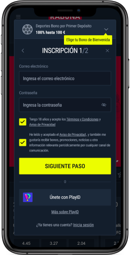Imagen de paso 1 del proceso de registro en Rabona