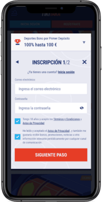 Captura de pantalla móvil de los pasos de registro