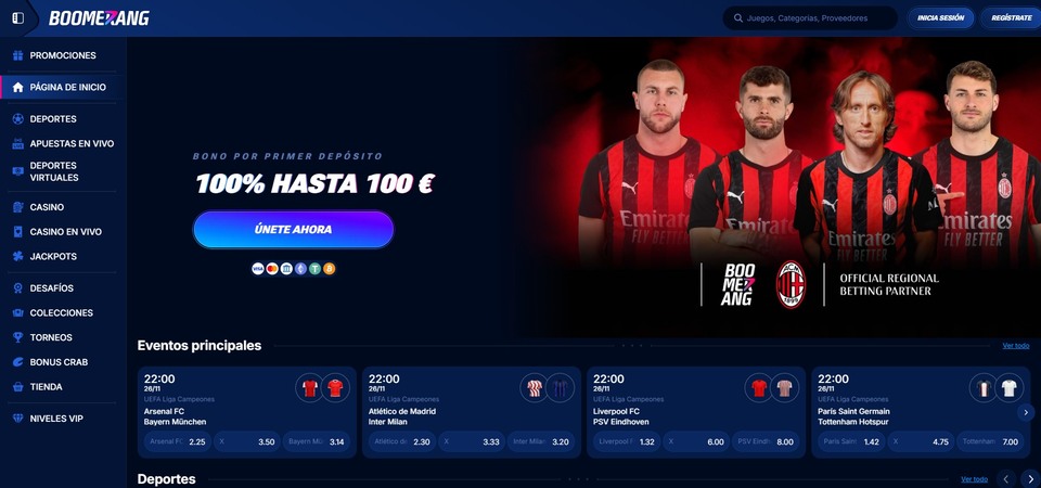 Imagen de la página principal de Boomerang-bet