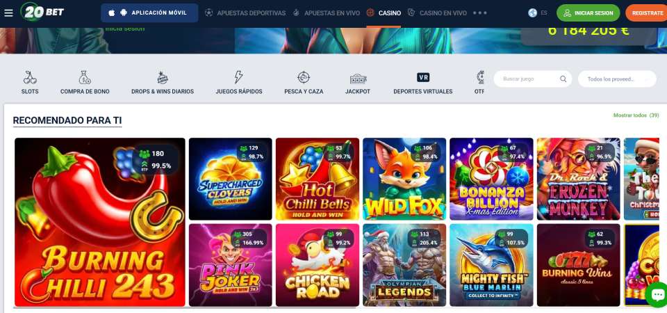 Captura de pantalla de la página del casino 20bet