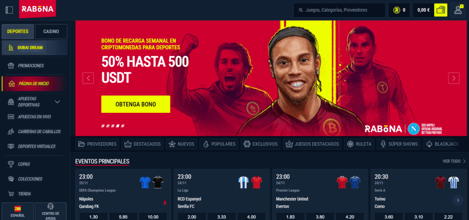 captura de pantalla de la página de inicio de Rabona