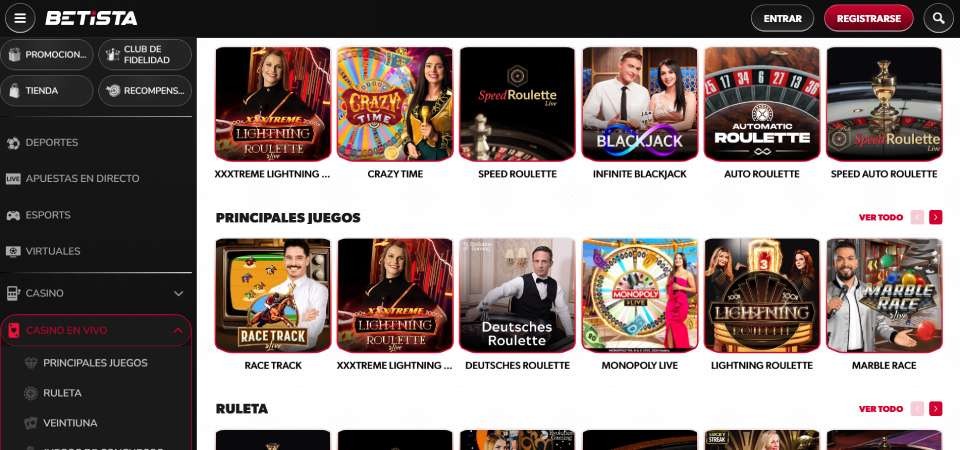 captura de pantalla de la página del casino en vivo