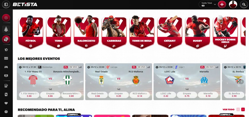 Captura de pantalla de la página de deportes de la casa de apuestas.