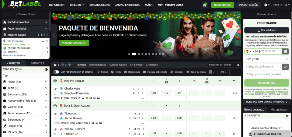 captura de pantalla de la página de inicio de BetLabel